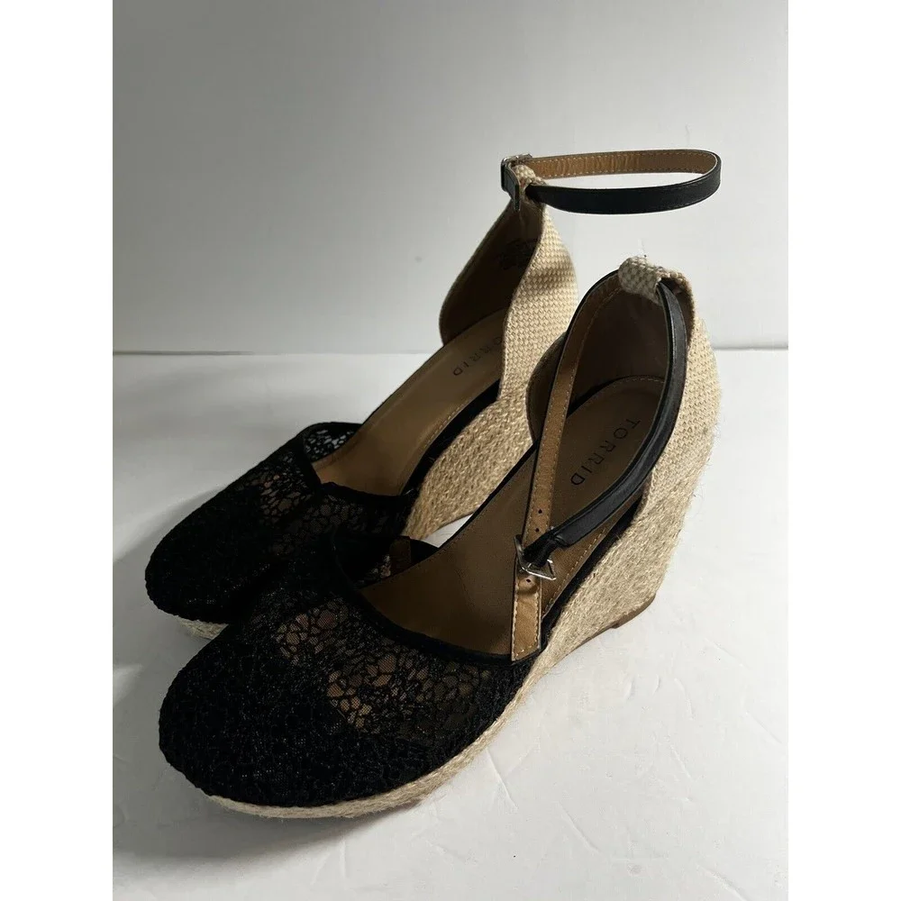 Torrid Women's Size 10 Wide Black Crochet Wedge Platform Espadrille Sandals Boho